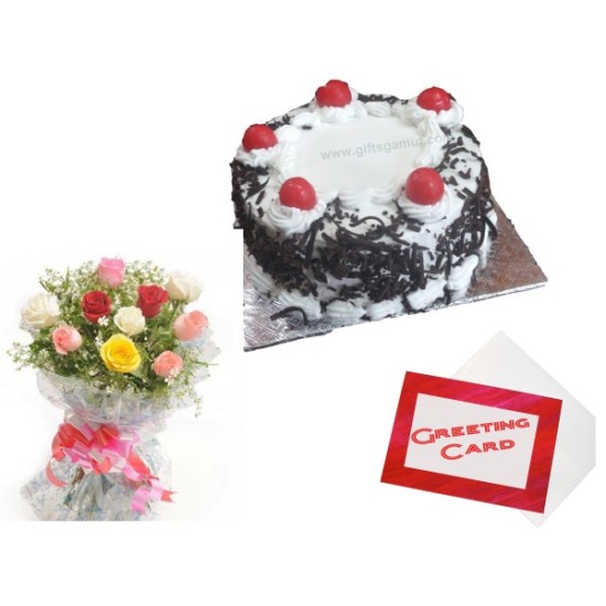 Cake n Mixed Rose n card combo