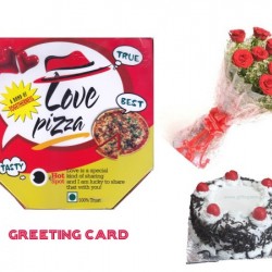 Pizza card love red rose bunch blackforest cake combo